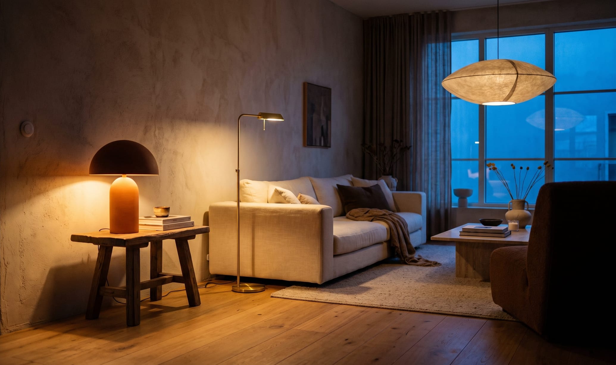 A living room with its lamps switched on